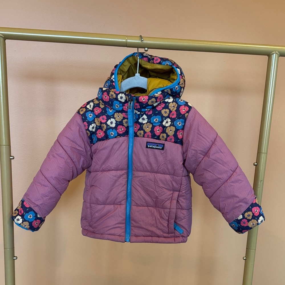 Patagonia Pink Floral Hooded Puffer Jacket with Blue Trim